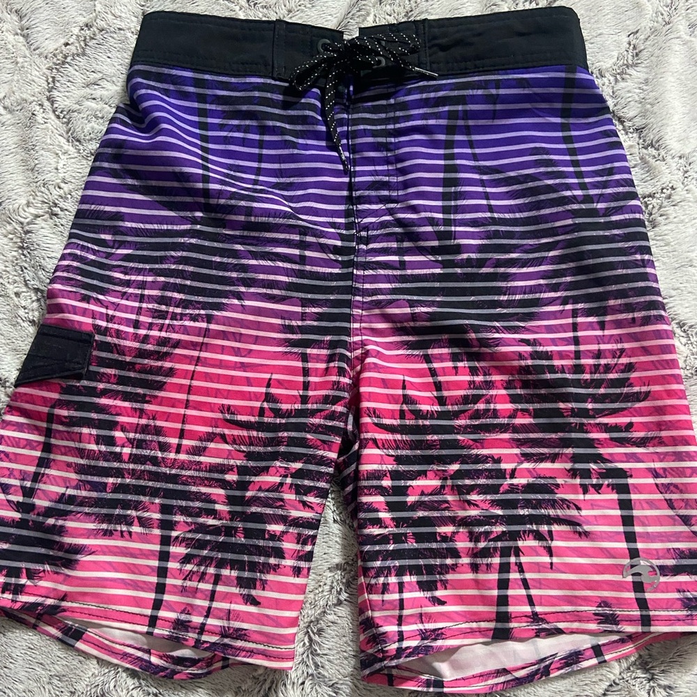 Boys Purple and Pink Gradient Board Shorts with Palm Tree Design
